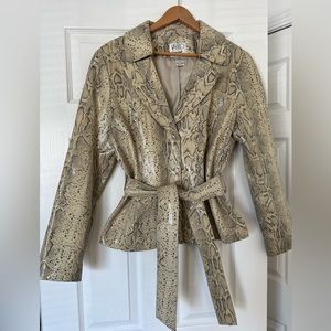 Genuine Leather Snakeskin Printed Belted Jacket